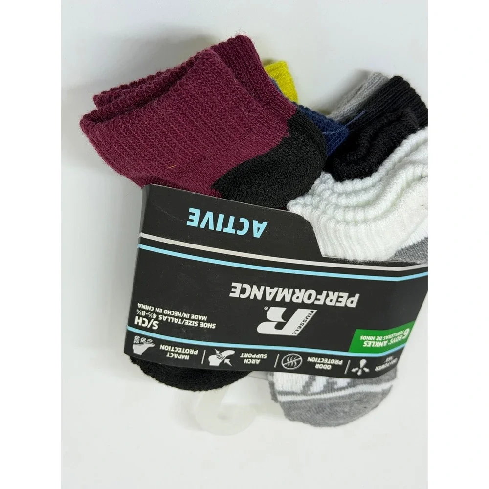 Russell Performance Socks Multi Boys Ankle Active 6-Pack Shoe SZ 4.5-8.5 New NWT
